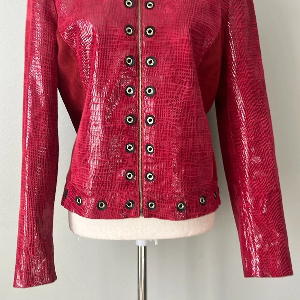 St John Couture Red Embossed Leather Jacket Grommet‎ Moto Zip SZ 6-8